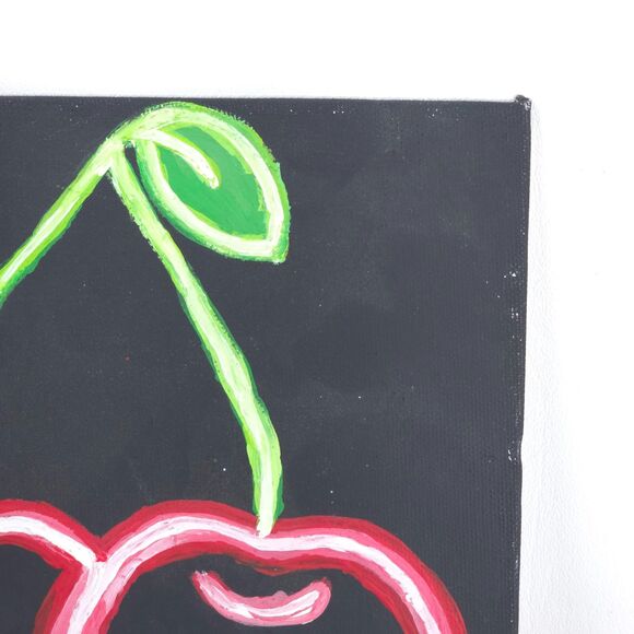 Oil on Canvas Hand Painted Neon Cherries 8" x 8" Abstract Simplicity 1st Release - Picture 3 of 7